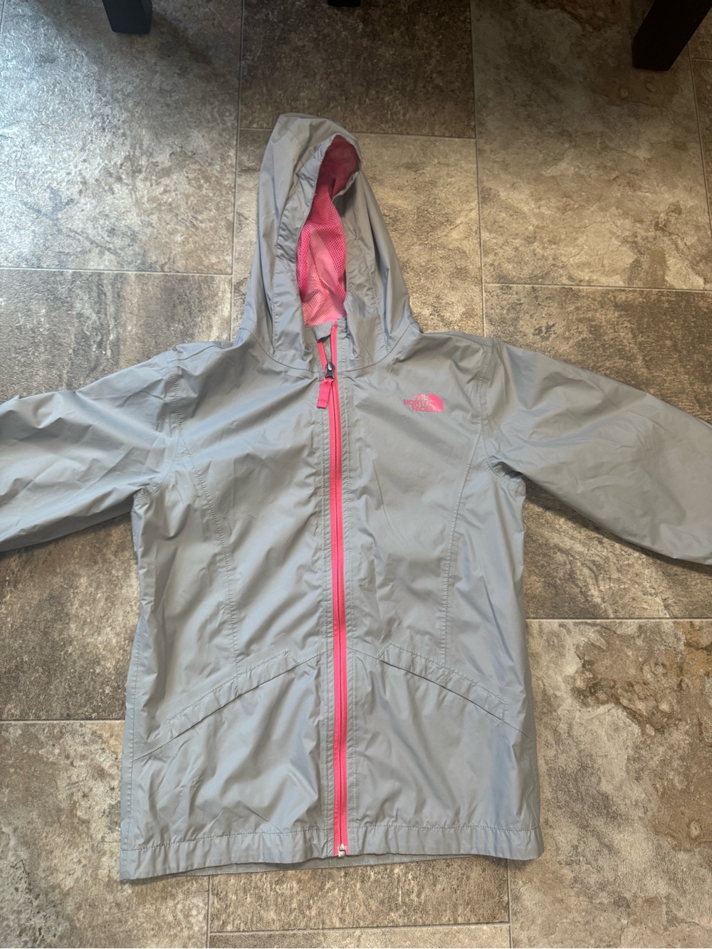 The North Face Gray Hooded Kids Rain Jacket with Pink Trim